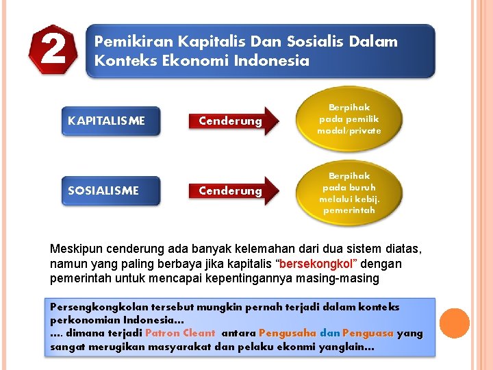 2 Pemikiran Kapitalis Dan Sosialis Dalam Konteks Ekonomi Indonesia KAPITALISME SOSIALISME Cenderung Berpihak pada