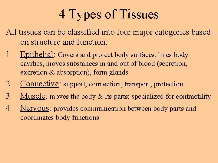 4 Types of Tissues All tissues can be classified into four major categories based