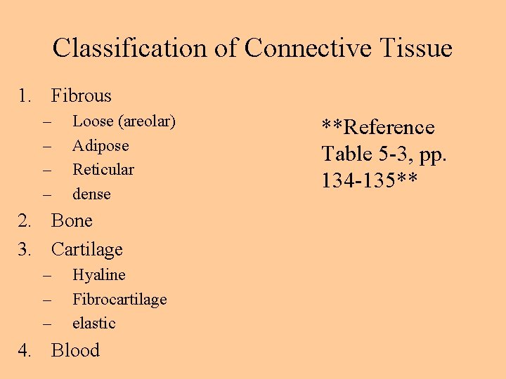 Classification of Connective Tissue 1. Fibrous – – Loose (areolar) Adipose Reticular dense 2.