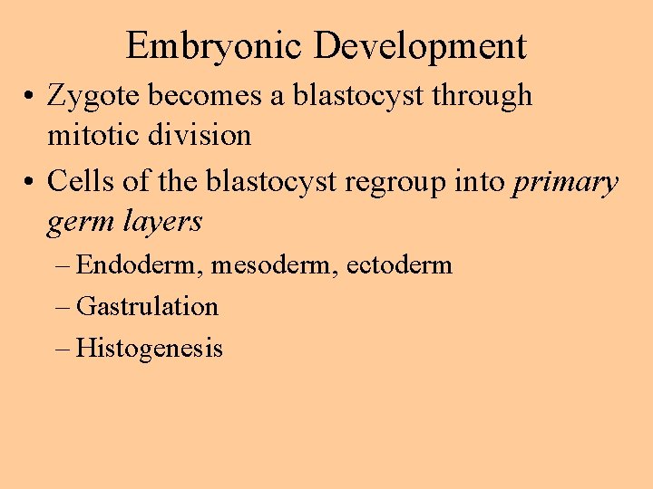 Embryonic Development • Zygote becomes a blastocyst through mitotic division • Cells of the
