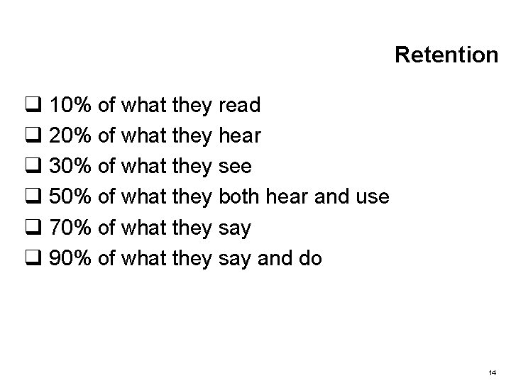 Retention q 10% of what they read q 20% of what they hear q