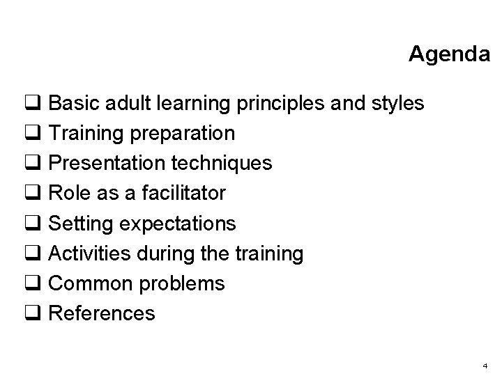 Agenda q Basic adult learning principles and styles q Training preparation q Presentation techniques