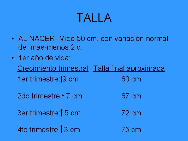 TALLA • AL NACER: Mide 50 cm, con variación normal de mas-menos 2 c.