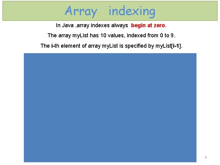 Array indexing In Java , array indexes always begin at zero. The array my.