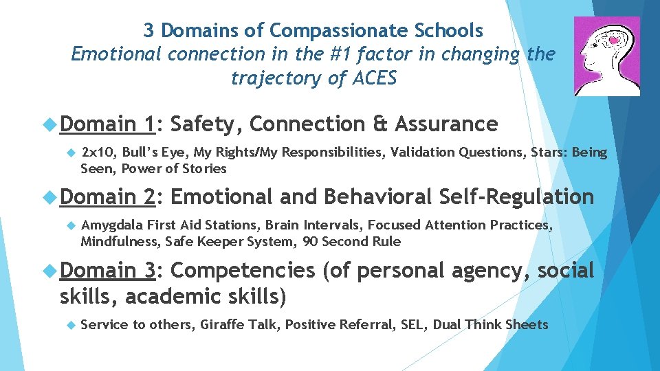 3 Domains of Compassionate Schools Emotional connection in the #1 factor in changing the