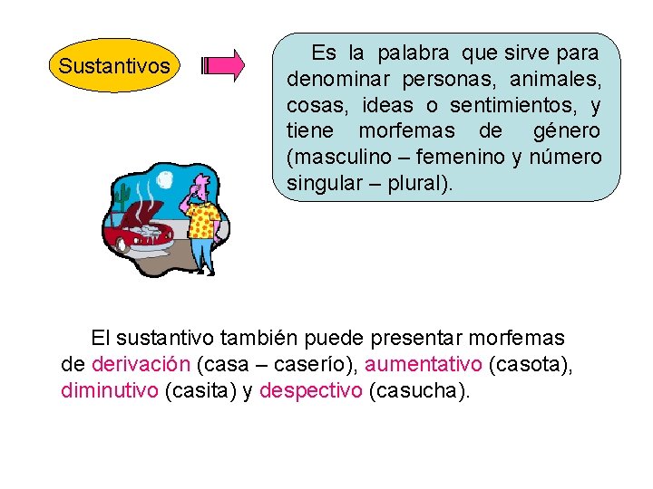 Sustantivos Es la palabra que sirve para denominar personas, animales, cosas, ideas o sentimientos,