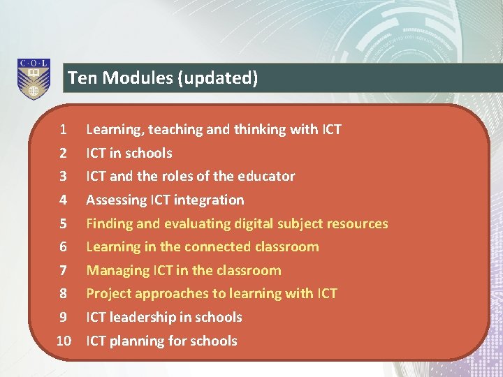 Ten Modules (updated) 1 Learning, teaching and thinking with ICT 2 ICT in schools