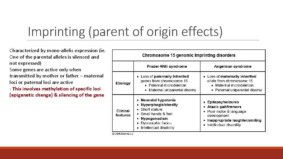 Imprinting (parent of origin effects) Characterized by mono-allelic expression (ie. One of the parental Imprinting (parent of origin effects) Characterized by mono-allelic expression (ie. One of the parental