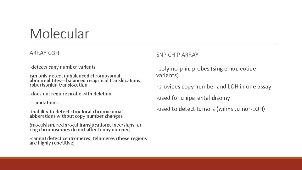 Molecular ARRAY CGH SNP CHIP ARRAY -detects copy number variants -polymorphic probes (single nucleotide Molecular ARRAY CGH SNP CHIP ARRAY -detects copy number variants -polymorphic probes (single nucleotide