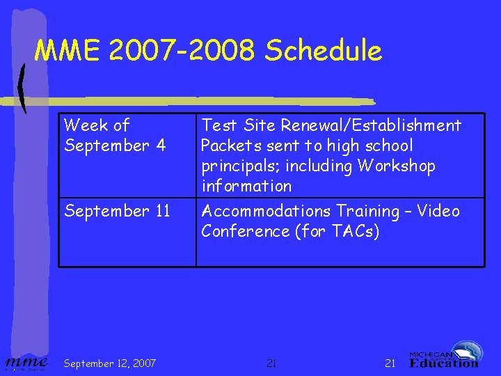 MME 2007 -2008 Schedule Week of September 4 September 11 September 12, 2007 Test