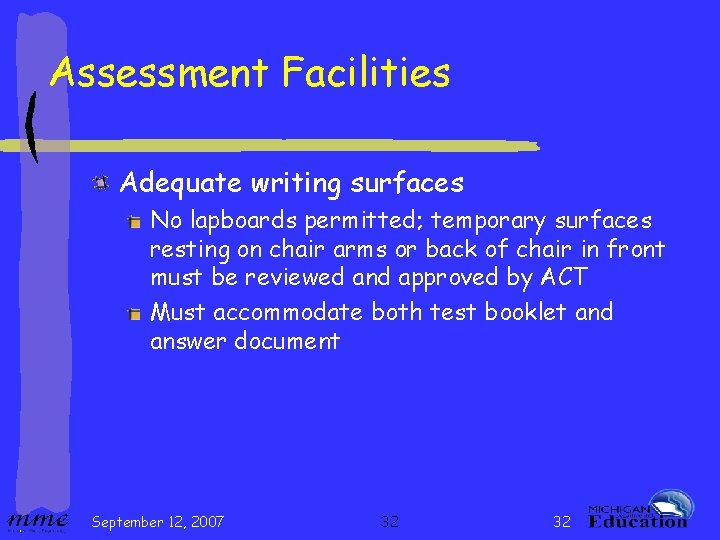 Assessment Facilities Adequate writing surfaces No lapboards permitted; temporary surfaces resting on chair arms