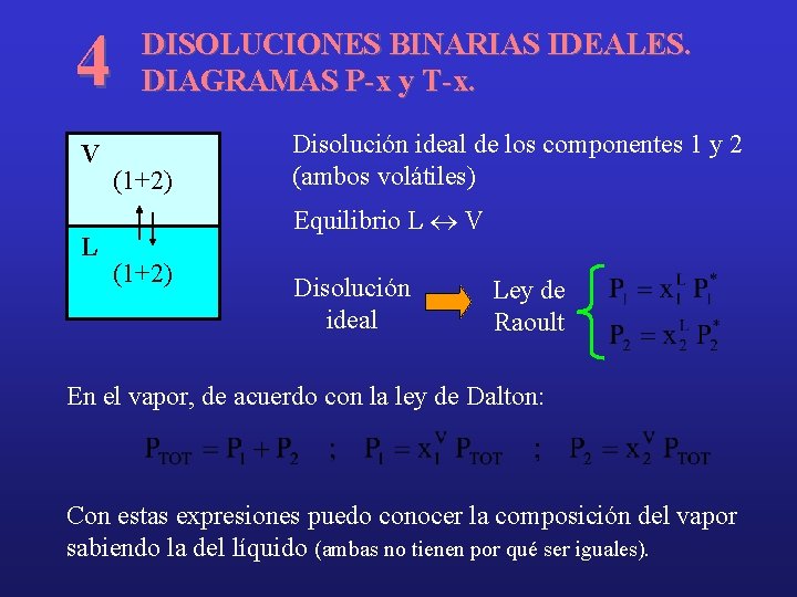 4 V L DISOLUCIONES BINARIAS IDEALES. DIAGRAMAS P-x y T-x. (1+2) Disolución ideal de