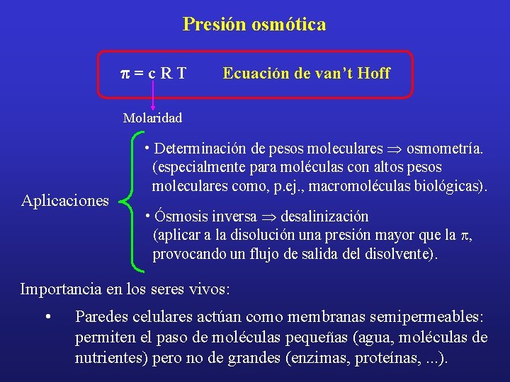 Presión osmótica p=c. RT Ecuación de van’t Hoff Molaridad Aplicaciones • Determinación de pesos