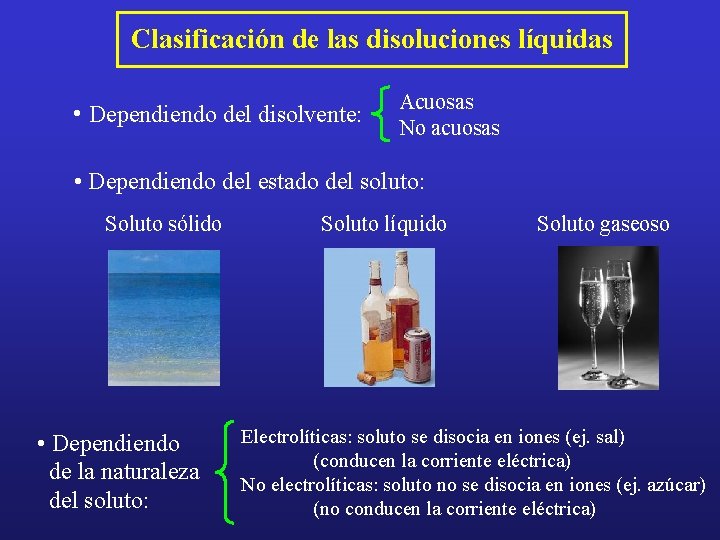 Clasificación de las disoluciones líquidas • Dependiendo del disolvente: Acuosas No acuosas • Dependiendo