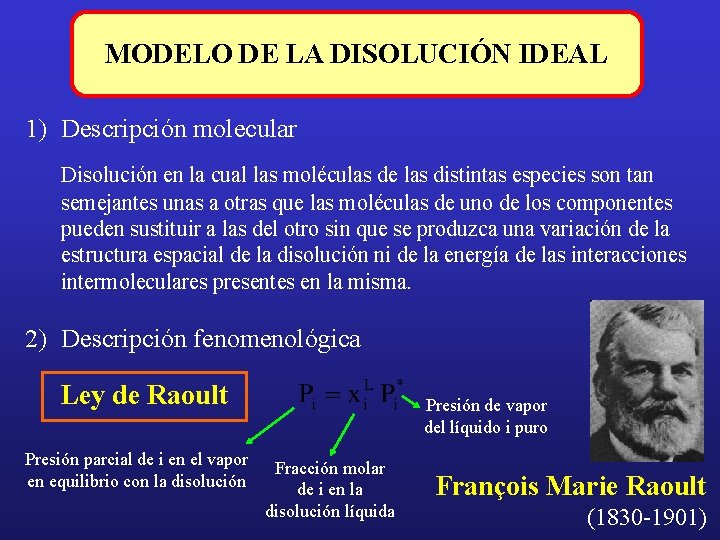 MODELO DE LA DISOLUCIÓN IDEAL 1) Descripción molecular Disolución en la cual las moléculas