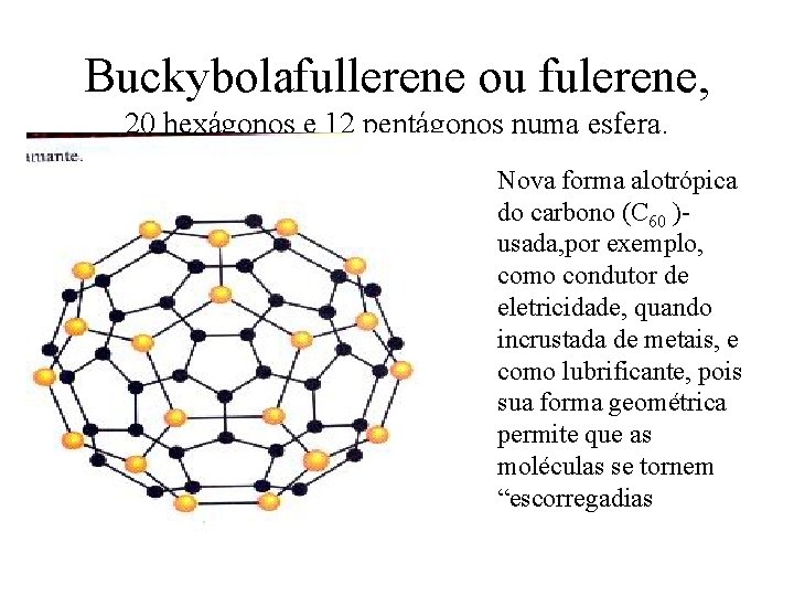 Buckybolafullerene ou fulerene, 20 hexágonos e 12 pentágonos numa esfera. Nova forma alotrópica do