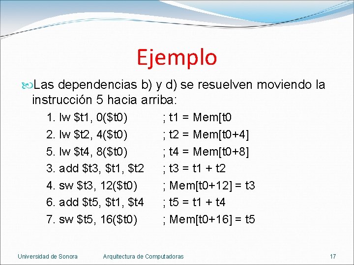 Ejemplo Las dependencias b) y d) se resuelven moviendo la instrucción 5 hacia arriba: