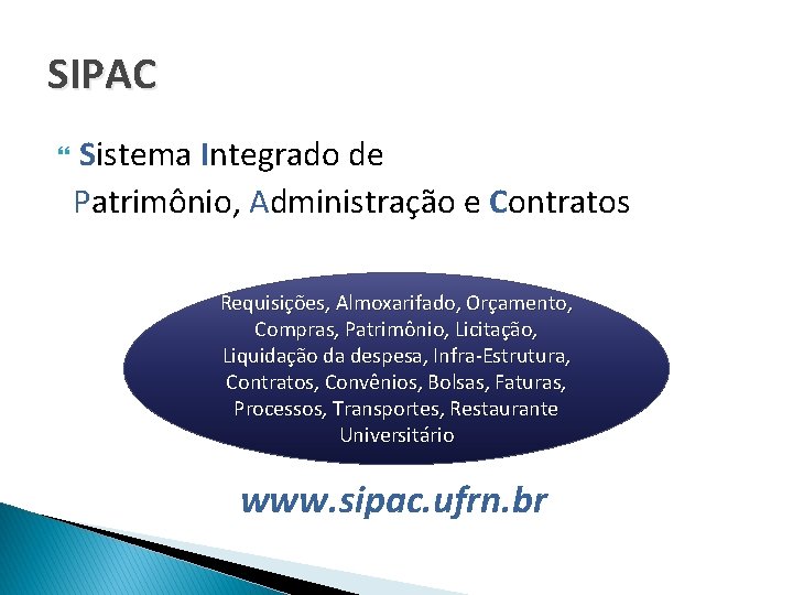 SIPAC Sistema Integrado de Patrimônio, Administração e Contratos Requisições, Almoxarifado, Orçamento, Compras, Patrimônio, Licitação,