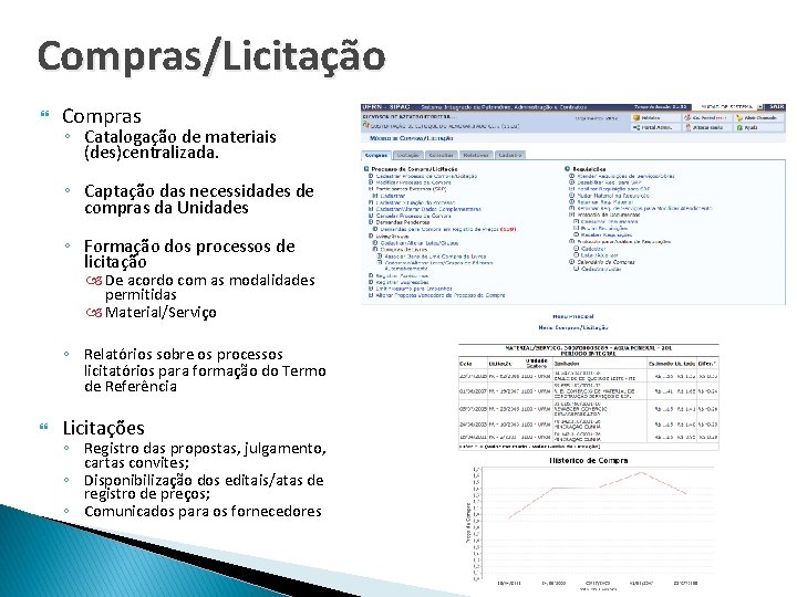 Compras/Licitação Compras ◦ Catalogação de materiais (des)centralizada. ◦ Captação das necessidades de compras da