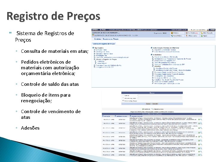 Registro de Preços Sistema de Registros de Preços ◦ Consulta de materiais em atas;