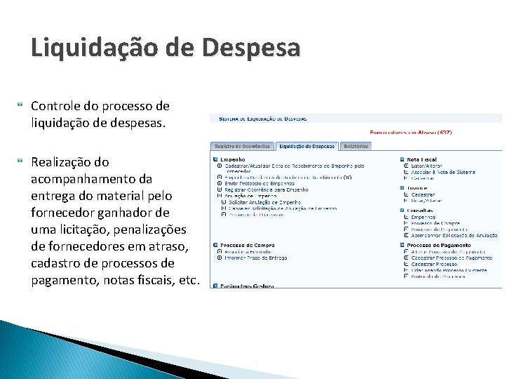 Liquidação de Despesa Controle do processo de liquidação de despesas. Realização do acompanhamento da
