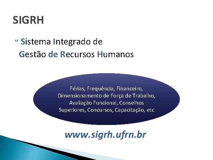 SIGRH Sistema Integrado de Gestão de Recursos Humanos Férias, Frequência, Financeiro, Dimensionamento de Força