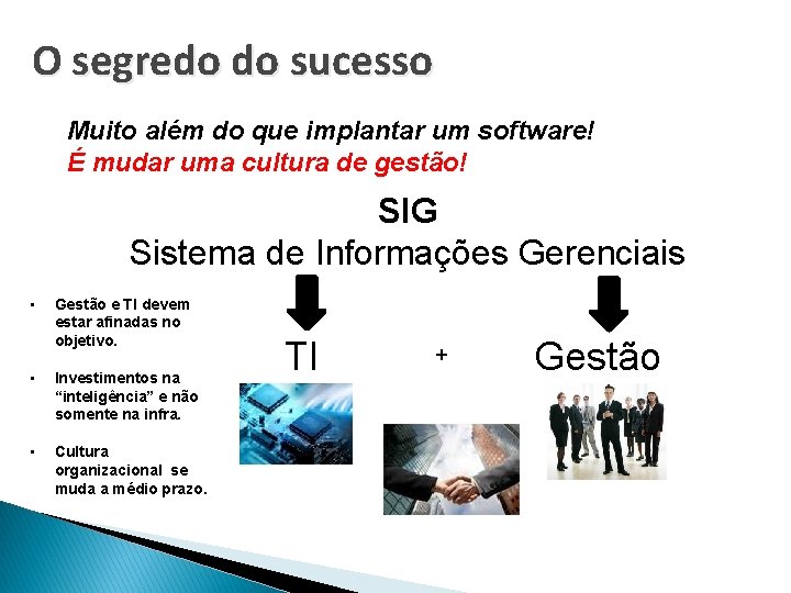 O segredo do sucesso Muito além do que implantar um software! É mudar uma