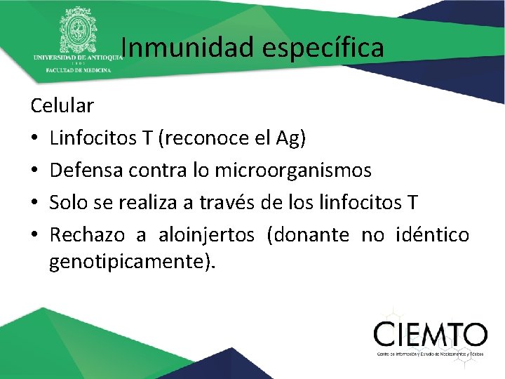 Inmunidad específica Celular • Linfocitos T (reconoce el Ag) • Defensa contra lo microorganismos