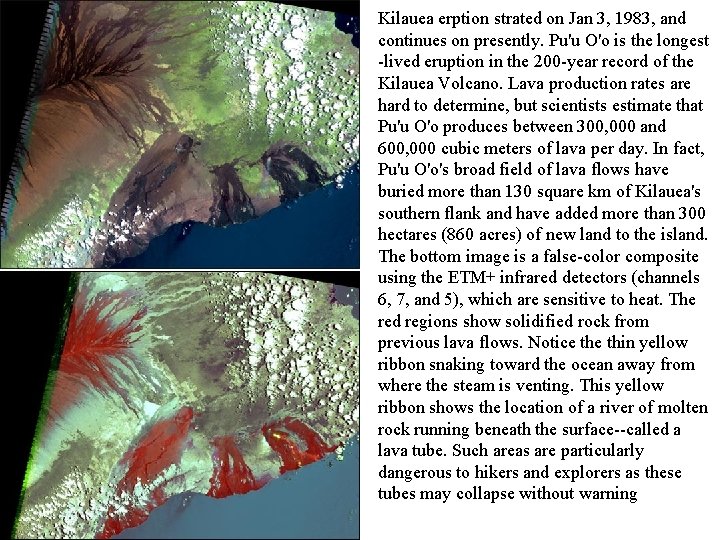 Kilauea erption strated on Jan 3, 1983, and continues on presently. Pu'u O'o is