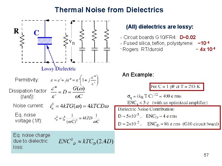Thermal Noise from Dielectrics (All) dielectrics are lossy: - Circuit boards G 10/FR 4: