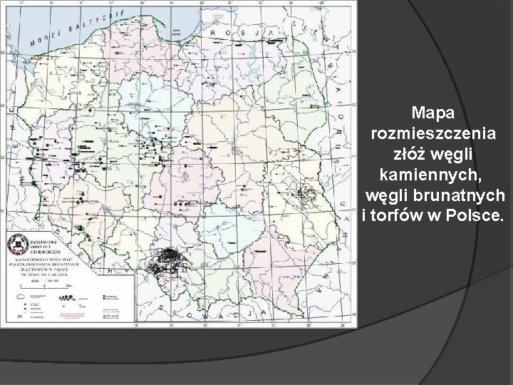 Mapa rozmieszczenia złóż węgli kamiennych, węgli brunatnych i torfów w Polsce. 