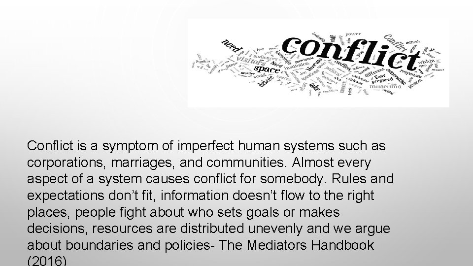 Conflict is a symptom of imperfect human systems such as corporations, marriages, and communities.