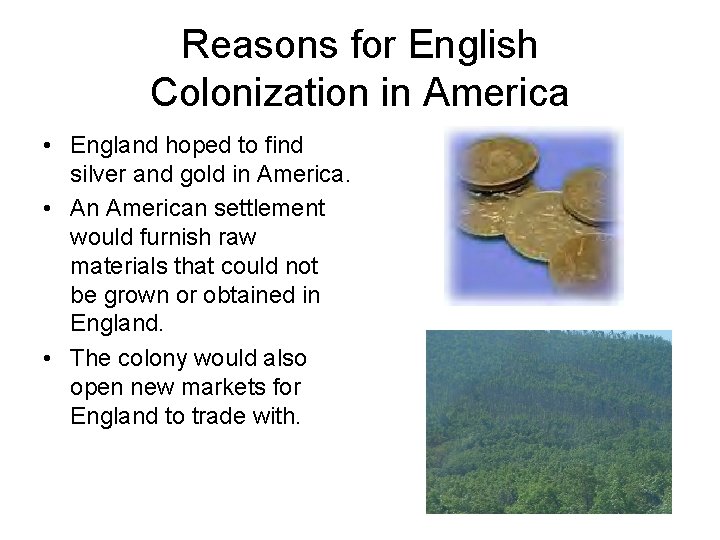 Reasons for English Colonization in America • England hoped to find silver and gold