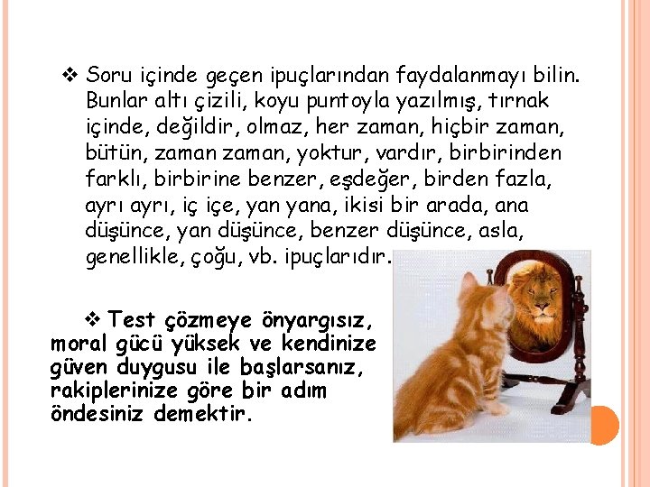 v Soru içinde geçen ipuçlarından faydalanmayı bilin. Bunlar altı çizili, koyu puntoyla yazılmış, tırnak v Soru içinde geçen ipuçlarından faydalanmayı bilin. Bunlar altı çizili, koyu puntoyla yazılmış, tırnak
