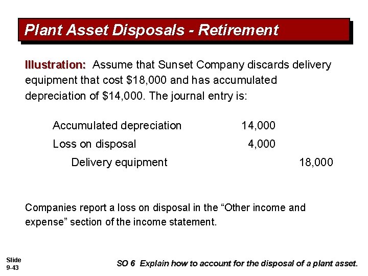 Plant Asset Disposals - Retirement Illustration: Assume that Sunset Company discards delivery equipment that
