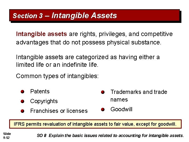 Section 3 – Intangible Assets Intangible assets are rights, privileges, and competitive advantages that