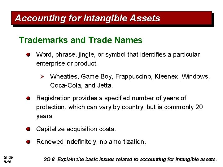 Accounting for Intangible Assets Trademarks and Trade Names Word, phrase, jingle, or symbol that