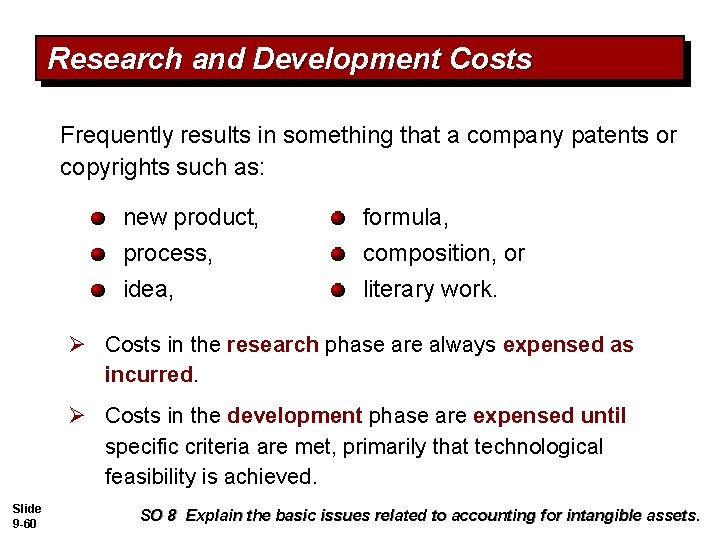 Research and Development Costs Frequently results in something that a company patents or copyrights