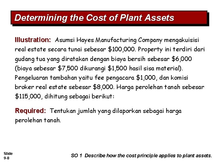 Determining the Cost of Plant Assets Illustration: Asumsi Hayes Manufacturing Company mengakuisisi real estate