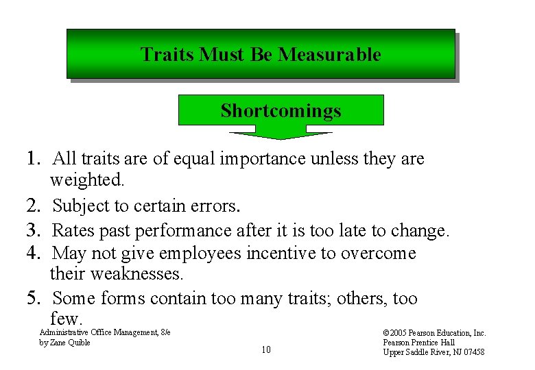 Traits Must Be Measurable Shortcomings 1. All traits are of equal importance unless they