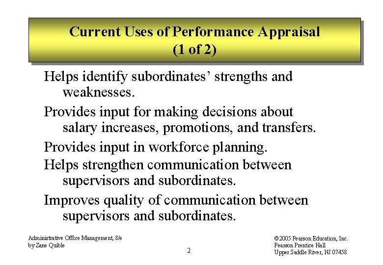 Current Uses of Performance Appraisal (1 of 2) Helps identify subordinates’ strengths and weaknesses.