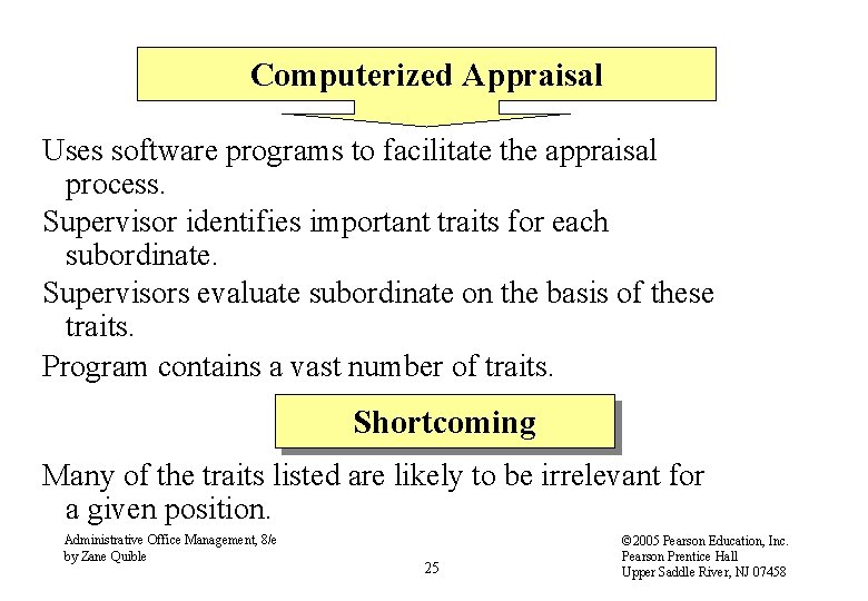 Computerized Appraisal Uses software programs to facilitate the appraisal process. Supervisor identifies important traits