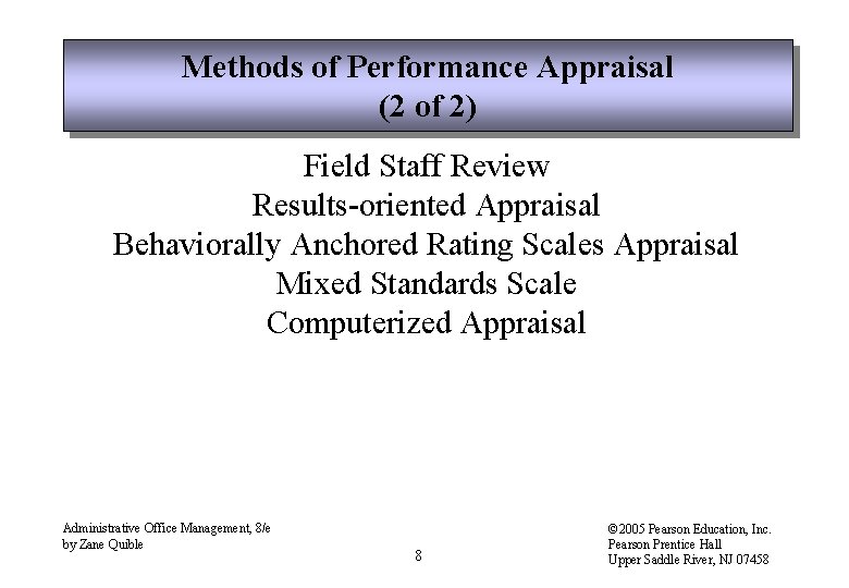 Methods of Performance Appraisal (2 of 2) Field Staff Review Results-oriented Appraisal Behaviorally Anchored