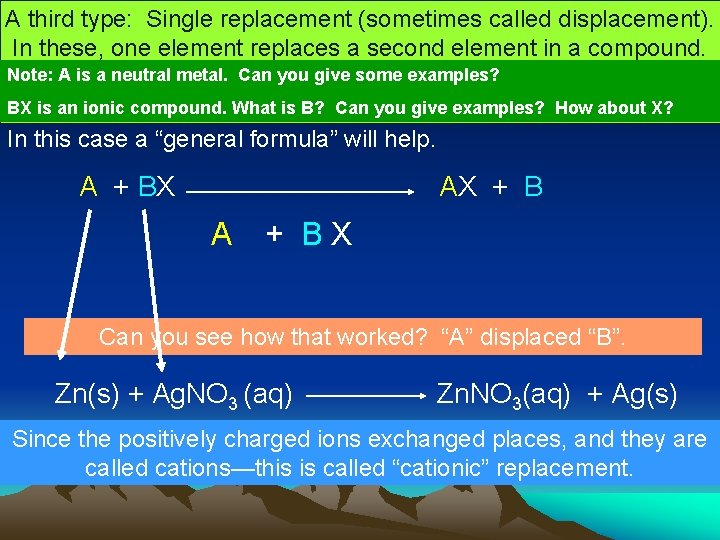 A third type: Single replacement (sometimes called displacement). In these, one element replaces a A third type: Single replacement (sometimes called displacement). In these, one element replaces a