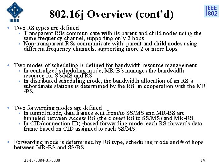 802. 16 j Overview (cont’d) • Two RS types are defined • Transparent RSs