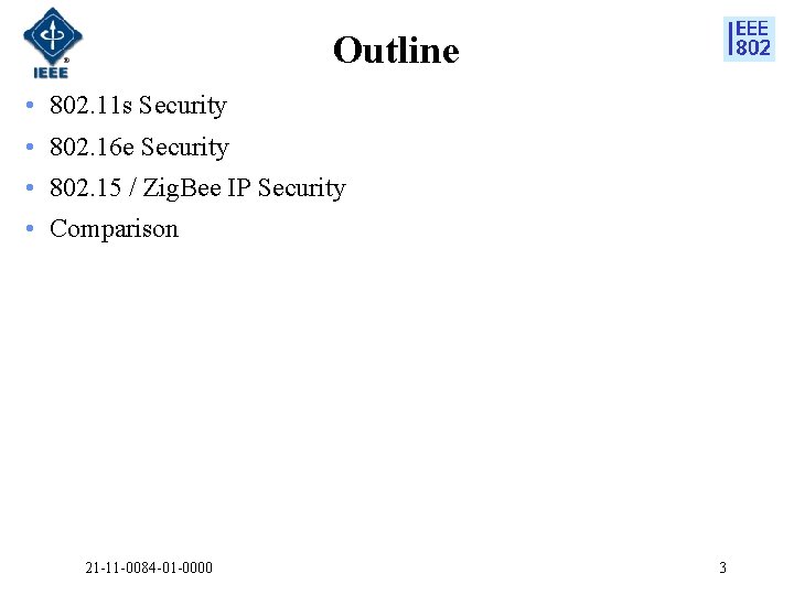 Outline • 802. 11 s Security • 802. 16 e Security • 802. 15