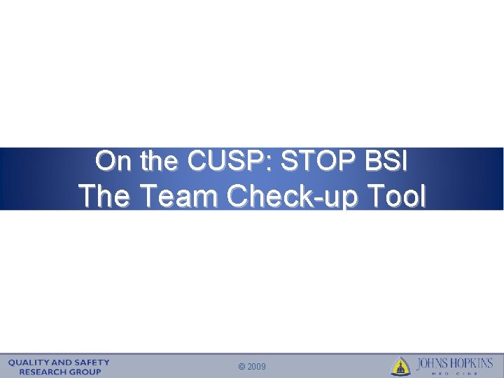 On the CUSP: STOP BSI The Team Check-up Tool © 2009 