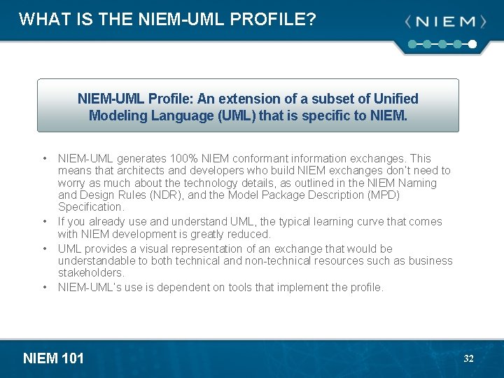 WHAT IS THE NIEM-UML PROFILE? NIEM-UML Profile: An extension of a subset of Unified