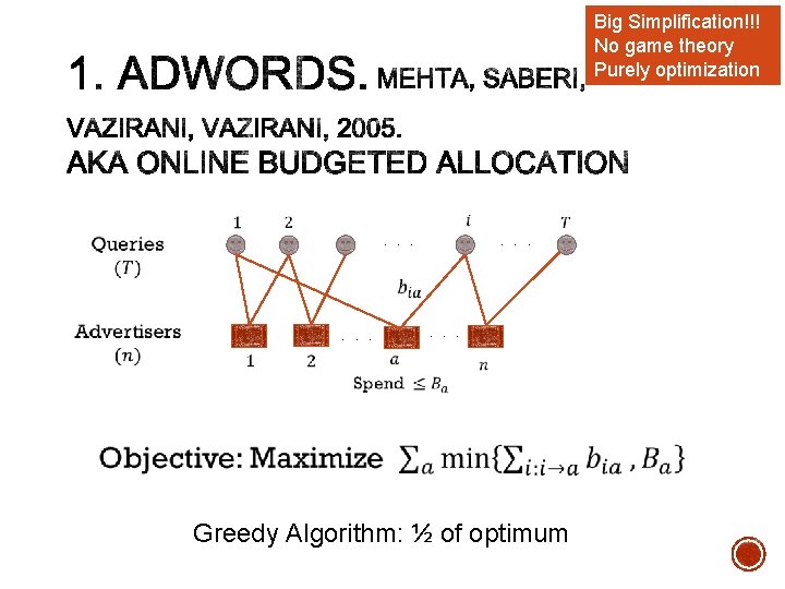 Big Simplification!!! No game theory Purely optimization . . . Greedy Algorithm: ½ of