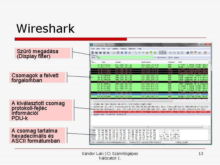 Wireshark Szűrő megadása (Display filter) Csomagok a felvett forgalomban A kiválasztott csomag protokoll-fejléc információi